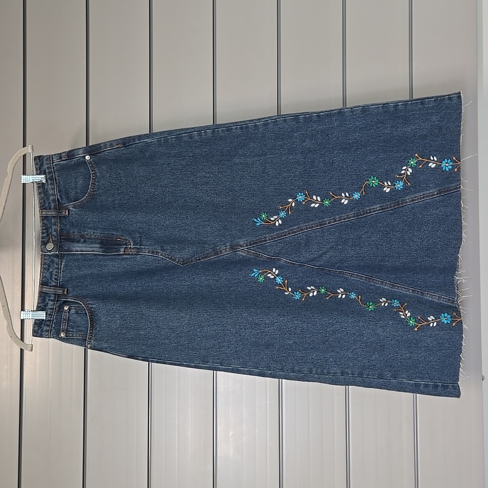 Cider Embroidered Denim ALine Skirt